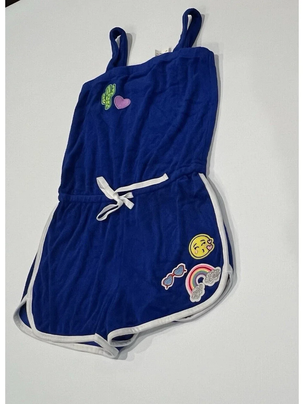 Justice 8/10 Romper Swim Cover Sleeveless Blue Terry Cloth w/ Patches New